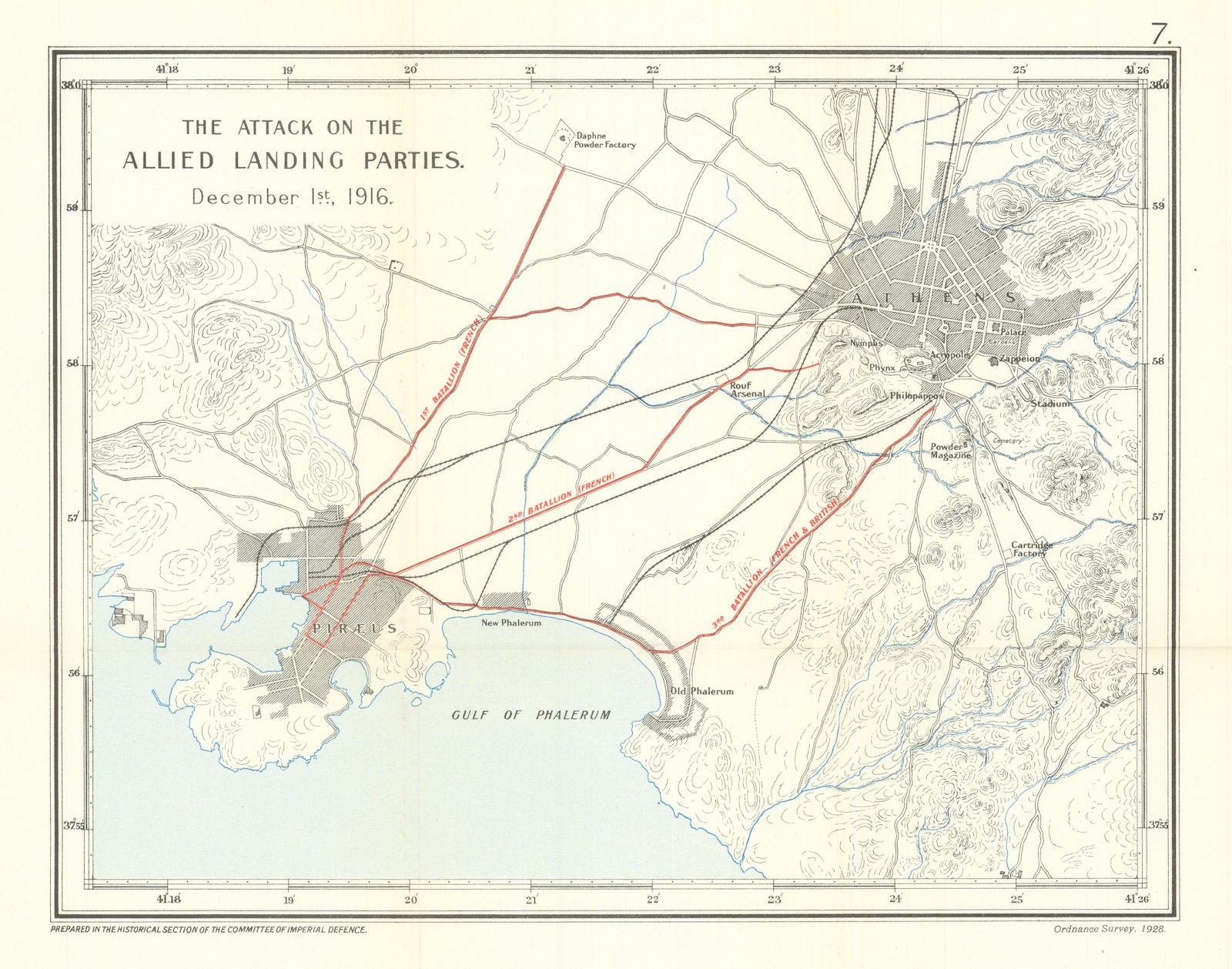 Attack on the Allied landing party at Athens, 1 Dec 1916 Noemvriana WW1 1928 map